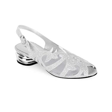 Imagem de CASALANDER Sandália feminina Peep Toe Slingback salto redondo de metal brilhante bico aberto nas costas salto alto brilhante malha salto grosso baixo salto bloco salto pequeno, Prata, 37