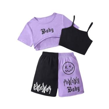 Imagem de SweatyRocks Camiseta feminina de 3 peças colorblock sem mangas e shorts com estampa de letras e gola redonda, Roxo e preto, 11-12Y