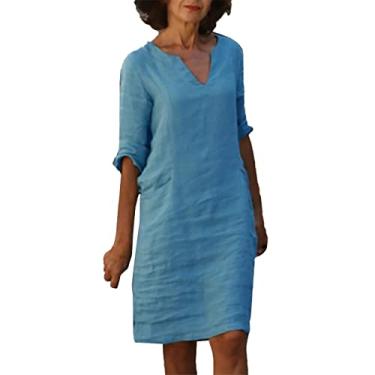 Imagem de Lainuyoah Vestido de verão plus size feminino comprimento até o joelho vestido camisa de praia 2024 casual mini linho moderno vestido casual gola V boho, C - azul, G