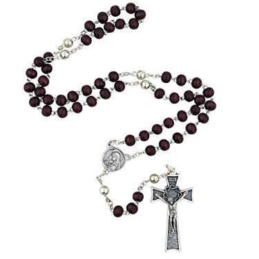Imagem de Lindo rosário de mogno com crucifixo exclusivo | Detalhes prateados | Mesa central de madona e criança | Ótimo presente católico para a primeira comunhão e confirmação | Feito na Itália, Madeira