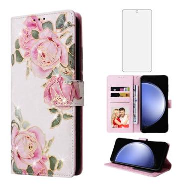 Imagem de Asuwish Capa de telefone para Samsung Galaxy S23 FE 5G carteira celular com protetor de tela de vidro temperado porta-cartões de flor suporte cordão alça de pulso S 23 EF S23FE 23S mulheres homens