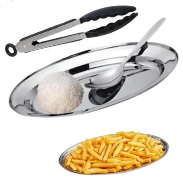 Imagem de kit cozinha travessa para Arroz e Porções colher e pegador Trio Essenc