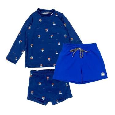 Imagem de Kit Blusa Sunga Com Proteção Uv+ Bermuda Tactel Praia Menino - Fofotin
