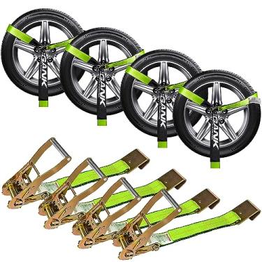 Imagem de Pacote com 4 tiras de amarração de carro com ganchos planos – estilo laço – 5 x 236 cm de cinta de amarrar em verde brilhante – Carga de trabalho segura de 1,5 kg para carros, quadriciclos, UTVs, barcos, jet skis e motos de neve