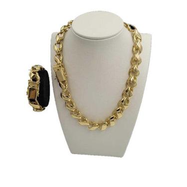 Imagem de Cordão + pulseira 12mm friso s feminino - banhado a ouro 18k - Tojoia1