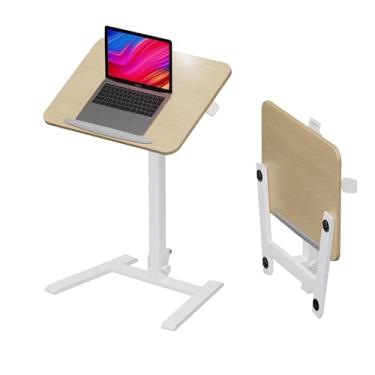 Imagem de Alawooder Mesa móvel dobrável de 63 cm – mesa sem montagem, mesa de laptop com rodinhas ajustáveis em altura, mesa portátil com rodas para escritório em casa, artesanato e estudo, bege