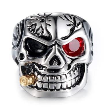 Imagem de MollyQueen Anel de coquetel masculino vintage de aço inoxidável com caveira gótica fumando com bala, motociclista