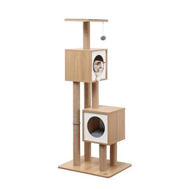 Imagem de THE LICKER STORE CTR1011A Sawyer Condomínio Minimalista de Juta Cat Tree de 142 cm com postes para arranhar e brinquedo difuso, marrom/branco