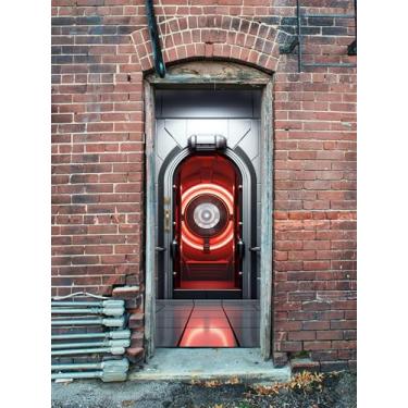 Imagem de WOOHOOROO Adesivo de porta Retire e cole Sense of Future Technology Capa de porta efeito semelhante a túnel para quarto/geladeira 70,3 cm L x 78,7 cm C, conjunto de 2 folhas