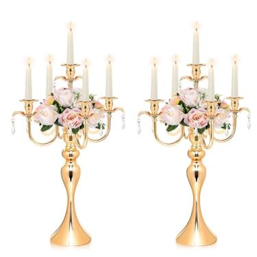 Imagem de 2 peças de centro de mesa de candelabro de 5 braços de ouro - castiçal de metal de 51,6 cm de altura para casamento, festa e decoração de casa - centro de mesa vintage para eventos, sala de jantar,
