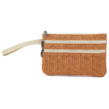 Imagem de BBORGDC Bolsa clutch com zíper com alça destacável, pequena bolsa transversal de tecido e bolsa de pulso, bolsa de palha trançada compacta para itens essenciais do dia a dia, férias na praia e