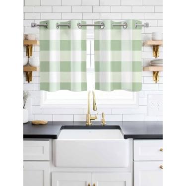 Imagem de Cortinas blecaute xadrez verde sálvia búfalo 99 cm comprimento 2 painéis, cortina de janela superior xadrez rústica para sala de estar/cozinha, cortinas geométricas modernas com isolamento térmico 70