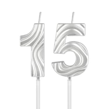 Imagem de iNINGER Número de velas, vela de prata número 15 aniversário, vela de feliz aniversário de 15 anos, decoração de topo de bolo de feliz aniversário para festa de aniversário, artigos de celebração de