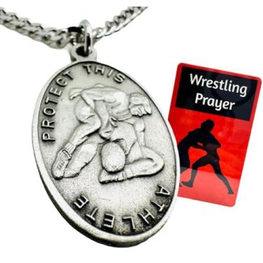 Imagem de Conjunto de corrente de aço inoxidável com medalha de wrestling em estanho de São Sebastião com cartão sagrado de oração de lutadores laminados, Small, Peltre, Sem Pedra Preciosa