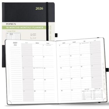 Imagem de POPRUN Agenda mensal 2025-2026 (B5 21,6 cm x 26,7 cm), calendário de 18 meses (25 de julho - 26 Dce) com abas mensais, capa dura, bolso interno, papel grosso de 100 g/m² - preto