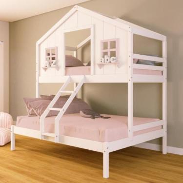 Imagem de Beliche Casal/ Solteiro Casinha dos Sonhos Madeira Maciça Branco/ Rosa