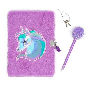 Imagem de VOTUM Conjunto de diário secreto de unicórnio arco-íris: coisas femininas, diário feminino com cadeado de coração e chave, diário felpudo roxo para meninas com caneta pompom roxa, presentes para