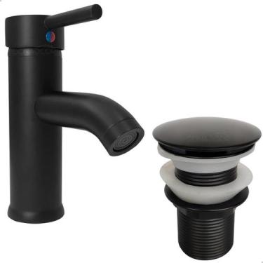 Imagem de Torneira Preta Pia Banheiro Bica Baixa E Valvula Click  Inox Torneira 