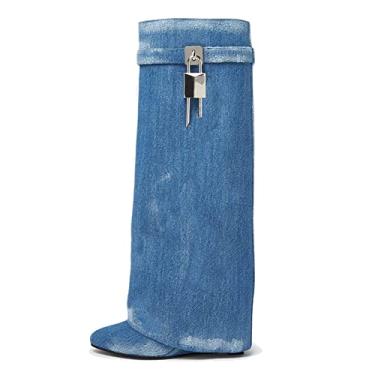 Imagem de Arqa Botas femininas dobráveis na altura do joelho com salto cunha coberto, botas de tubarão, botas de panturrilha largas, modernas, de festa, botas de bico amêndoa, Jeans azul, 39