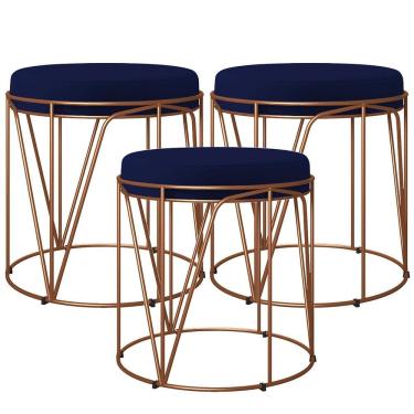 Imagem de Kit 03 Puffs Decorativo Aramado Bronze Zaya L02 Azul Marinho