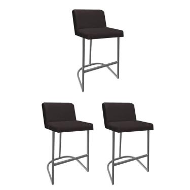 Imagem de Kit 03 Banquetas Com Encosto Confort Bistrô Cozinha Ferro Cinza Sintético Marrom - Amey Decor