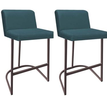 Imagem de Kit 02 Banquetas Com Encosto Confort Bistrô Cozinha Ferro Marrom Suede Azul Turquesa Amey Decor