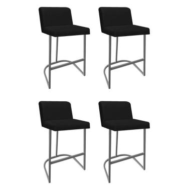 Imagem de Kit 04 Banquetas Com Encosto Noah Luxo Confort Bistrô Cozinha Ferro Cinza Corino Preto - Amey Decor