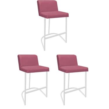 Imagem de Kit 03 Banquetas Com Encosto Confort Bistrô Cozinha Ferro Branco Suede Rose Gold - Amey Decor