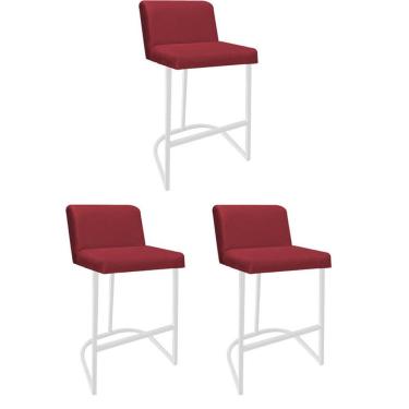 Imagem de Kit 03 Banquetas Com Encosto Confort Bistrô Cozinha Ferro Branco Suede Vermelho - Amey Decor