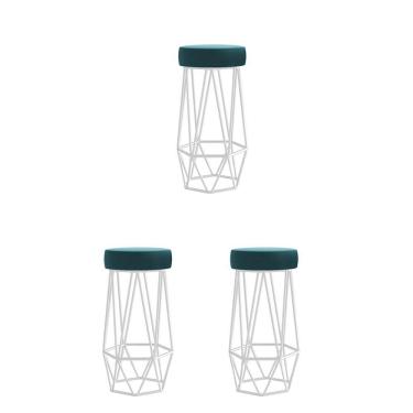 Imagem de Kit 03 Banqueta Com Encosto Mhara Hexágono Cozinha Bar Ferro Branco Suede Azul Turquesa - Amey Decor