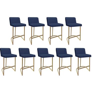 Imagem de Kit 09 Banquetas Com Encosto Confort Bistrô Cozinha Ferro Dourado Linho Azul Marinho Amey Decor