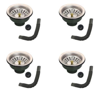 Imagem de Ralo Valvula Dreno Filtro De Pia 10x10 Kit 4 Unidades Inox Sifao Tubo De Escoamento Cozinha Lavabo Casa Lavanderia