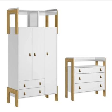 Imagem de Jogo De Quarto Infantil Guarda Roupa E Cômoda Fantasia Branco Acetinado