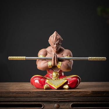 Imagem de Estátua do Rei Macaco, Figura de Cerâmica Sun Wukong, 14 cm H Estátua de Monge Buda Viagem ao Oeste com Cudgel Dourado, Decoração de Carro de Escritório em Casa, Presentes Colecionáveis (Vermelho)