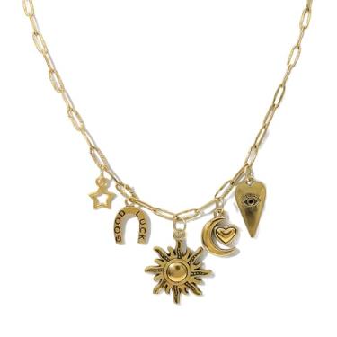 Imagem de Colar de corrente de ouro com clipe de papel 18 K, feito à mão, faça você mesmo, sol, lua, estrela, pingente, colar, pingente de ouro para mulheres, Adjustable, Zinco, Sem Pedra Preciosa