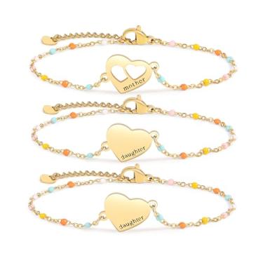 Imagem de DS Conjunto de pulseiras mãe e filha, joias de coração de aço inoxidável banhado a ouro 18K para mulheres e meninas, presentes de dia das mães para mãe/filha, pulseiras ajustáveis combinando para