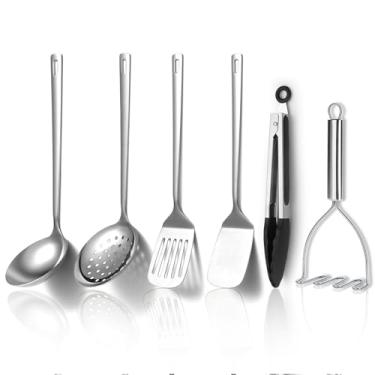Imagem de Kyraton Conjunto de utensílios de cozinha de aço inoxidável com 6 peças, conjunto de utensílios de cozinha inclui conjuntos de espátula de metal, escumadeira, concha, pinças, espremedor de batatas,