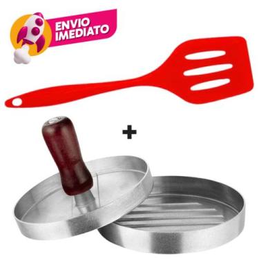 Imagem de Kit Forma Modeladora Hamburguer Alumínio E Espátula Vazada Silicone Pa