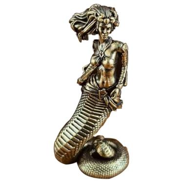 Imagem de FAYZSOWSR Estátuas de cobra medusa de latão, estatuetas decorativas de cobre de latão, mulher cobra grega sexy com esculturas de faca, ornamentos vintage de mesa para casa, decorações de bonsai de
