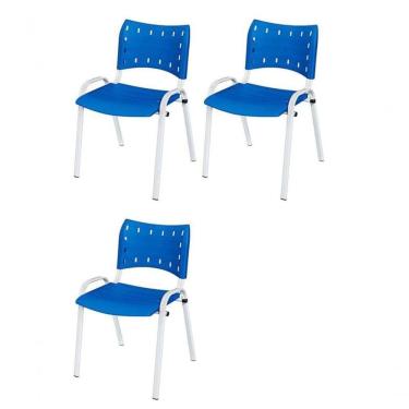 Imagem de Cadeira Iso Base Branco Escola, Escritório Azul - Kit 3 Un