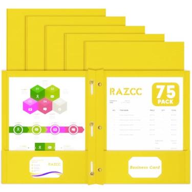 Imagem de RAZCC Pastas de Dois Bolsos, Pacote com 75 Pastas de Dois Bolsos com Pontas, Pastas de 3 Pontas para Papel Tamanho Carta, Pastas de Arquivo de Bolso para Escola, Escritório, Casa e Negócios, Amarelo