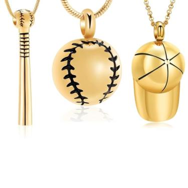 Imagem de Hearbeingt Colar de urna para cinzas, 3 peças, joia de urna memorial de beisebol, pingente de lembrança, joia para mulheres, homens, tacos de beisebol, beisebol, boné de beisebol, urna, Aço