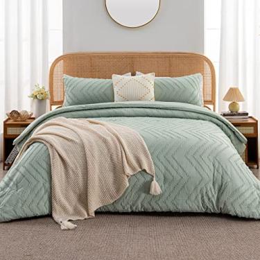 Imagem de Litanika Conjunto de edredom super king plus size, verde sálvia, 3 peças, chevron tufado sólido, conjunto de cama fofa