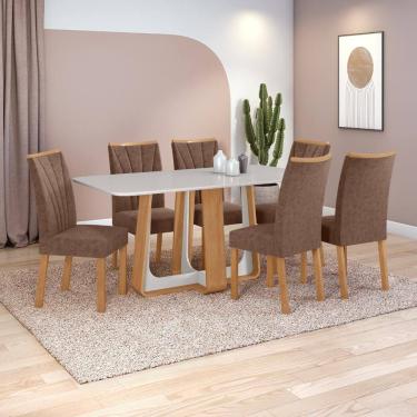 Imagem de Conjunto Sala de Jantar Mesa Easy Pop 170x90cm Tampo Vidro/MDF com 6 Cadeiras Confort Couro Morano Avelã Amendoa Clean/off White