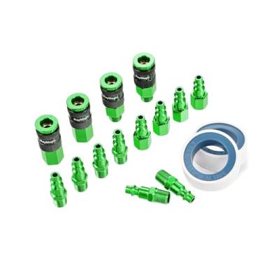 Imagem de RayMagic Acessórios de mangueira de ar, acoplador de ar de alumínio universal 3 em 1 AMT e kit de plugue de ar tipo industrial I/M 16 peças, prático, leve, kit de acessórios de compressor de ar de 1/4