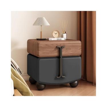 Imagem de Mesa De Cabeceira Estreita Com De Madeira Maciça Totalmente Revestida Em Couro E Gavetas Para Dormitórios E Áreas Compactas(Black)