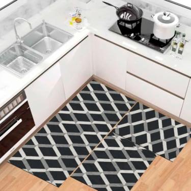 Imagem de Kit Tapete Passadeira de Cozinha Antiderrapante Absorvente (Losangos pretos)