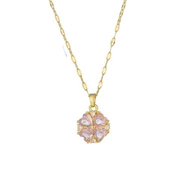 Imagem de Colar feminino com pingente de folha de trevo de coração com strass banhado a ouro 14 K, delicado redondo, 4 folhas, corrente de elos de flor, elegante, aniversário, aniversário, aniversário, presente