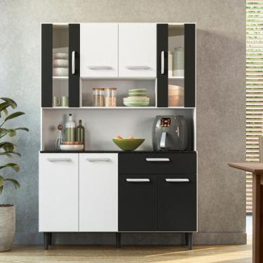 Imagem de Kit Cozinha 8 Portas 1 Gaveta Gabi Poliman Móveis, Branco com Preto