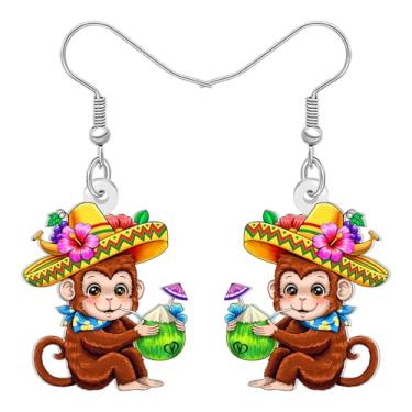 Imagem de DALANE Brincos pendentes de acrílico fofo macaco tropical engraçado palmeira havaiana flores hibisco design exclusivo joias de verão presentes de praia para mulheres amantes de praia, Medium, Acrílico